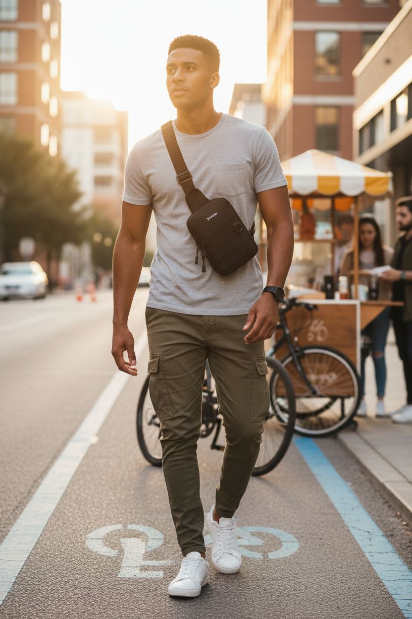 G4Free black tactical sling bag worn across chest, stylish urban setting, perfect for men.