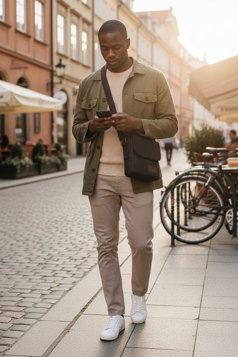 Casual stroll with black-grey canvas crossbody bag for men, perfect for urban exploration, WISEPACK