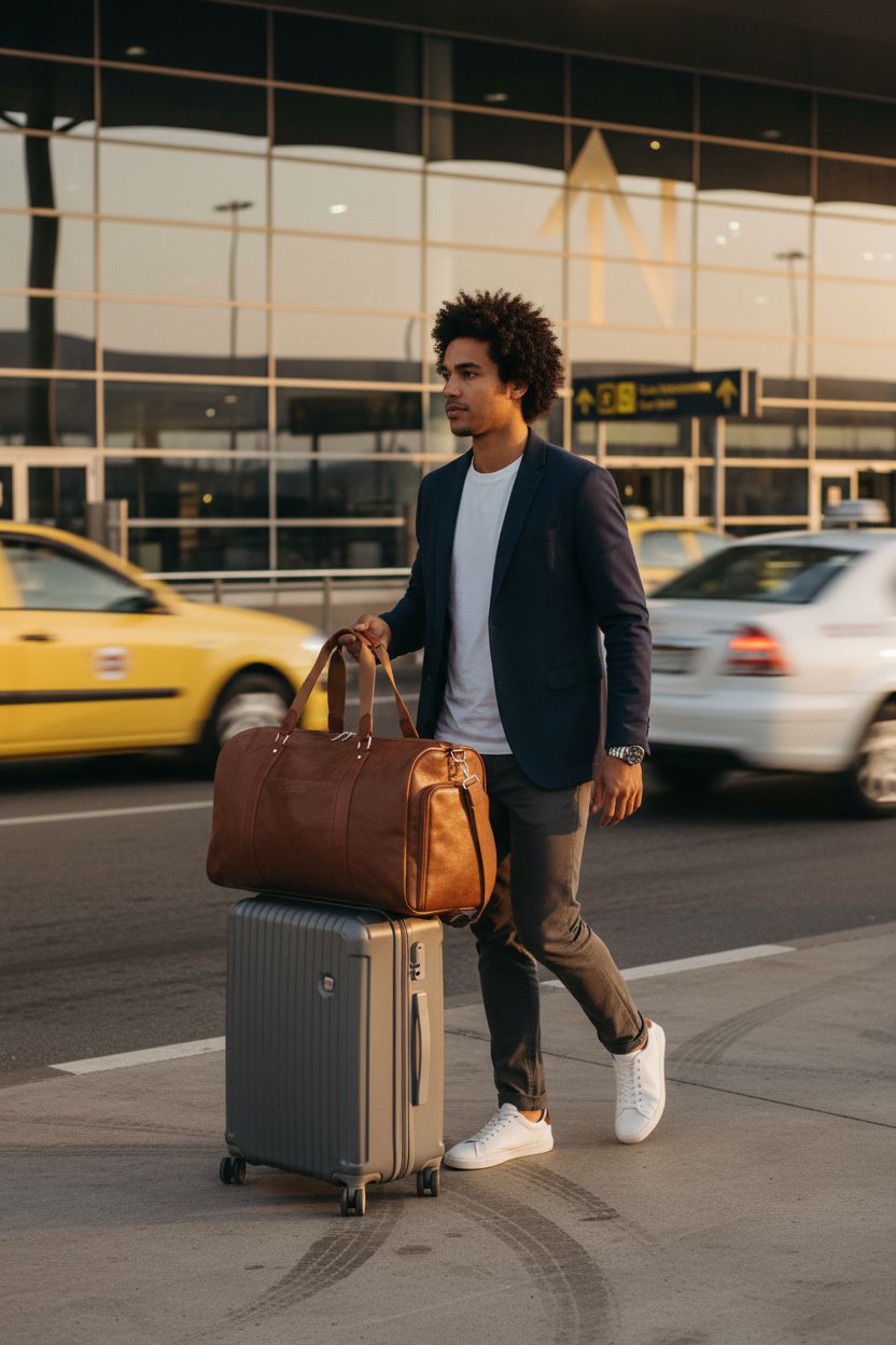Double Bus leather duffle bag on trolley sleeve, ideal for stylish travel at the airport.