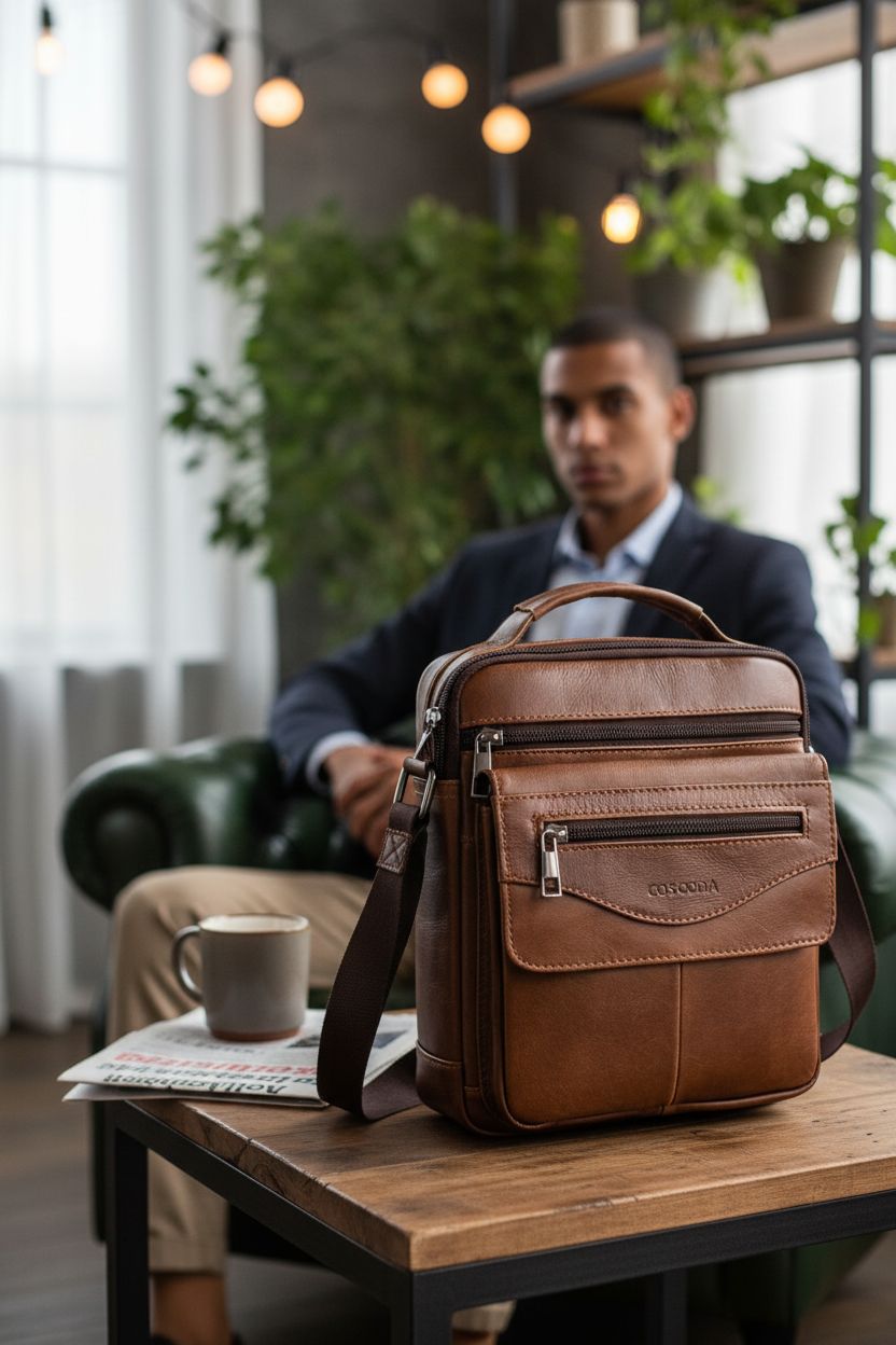 COSCOOA leather handbag on a boutique side table next to a newspaper and mug