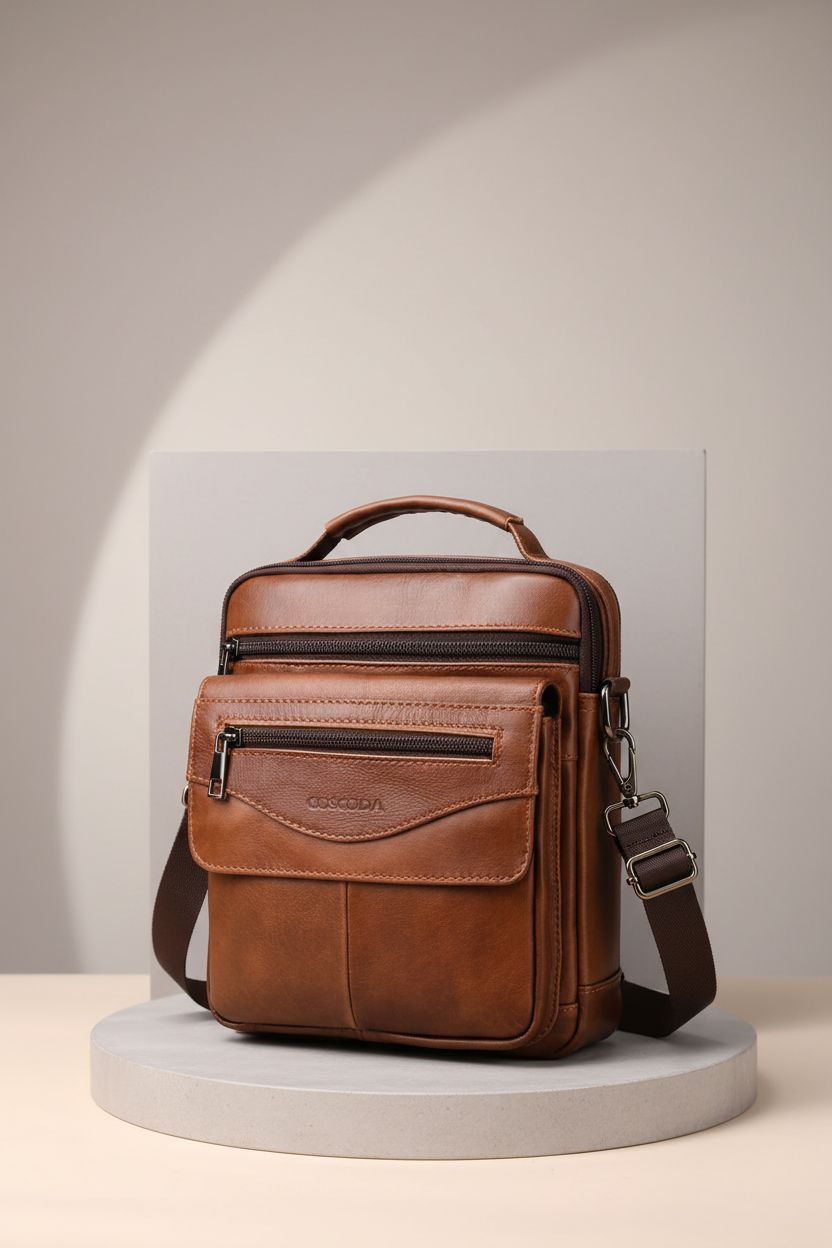 COSCOOA men's leather purse on a studio set, highlighting its design and craftsmanship