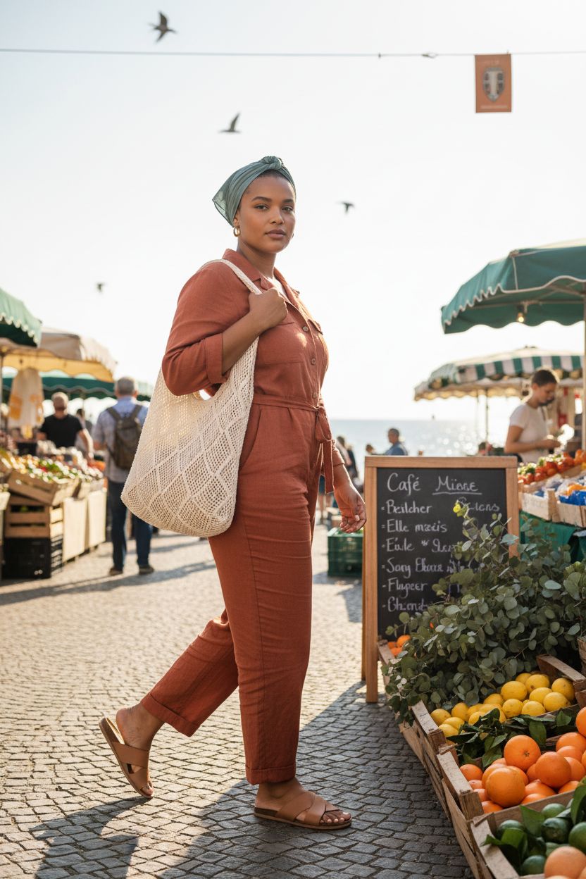 Sightor Crochet Tote Bag in beige, styled at a coastal farmers market, showcasing its mesh design.