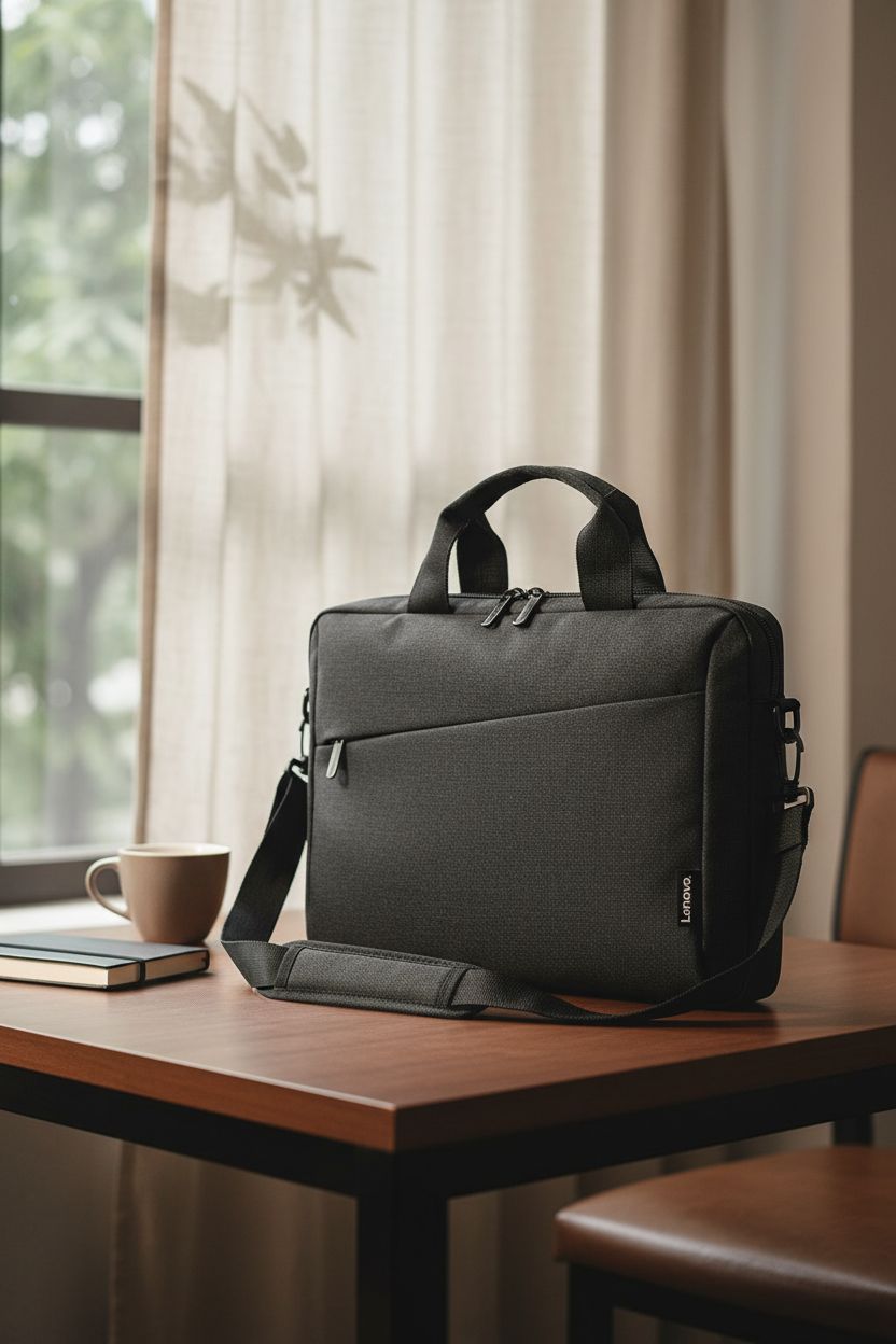 Lenovo T210 messenger bag on a café table beside a notebook and coffee cup.