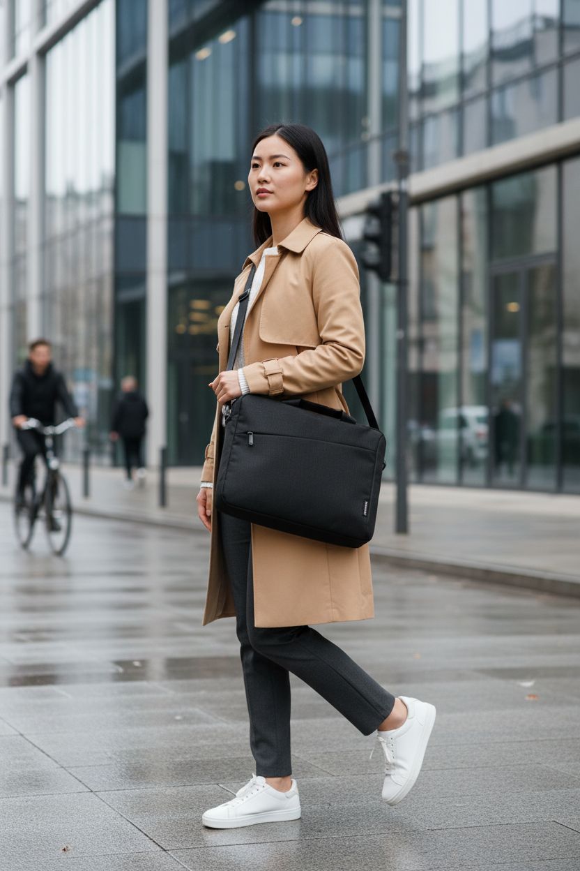 Lenovo T210 messenger bag worn crossbody, stylish against a light camel trench coat.