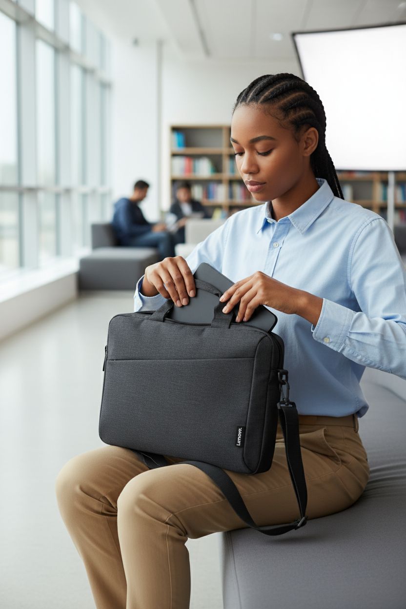 Lenovo T210 laptop bag on lap, unzipped to reveal a laptop in a study lounge.