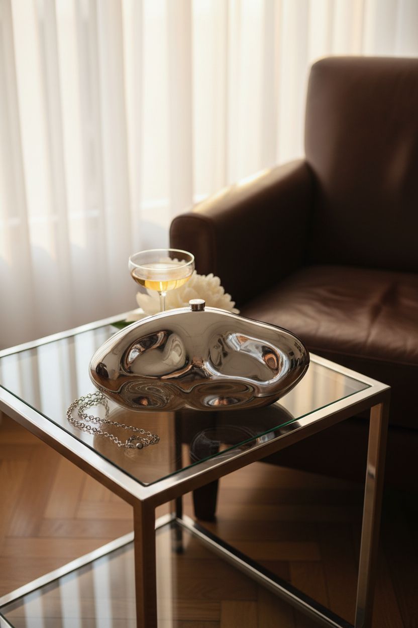 NEWROGENG acrylic clutch purse elegantly displayed with a peony and glass, showcasing its sleek design