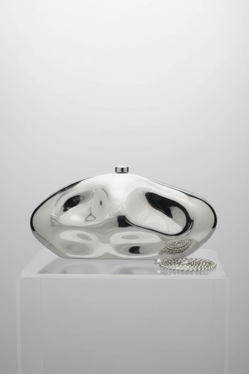 NEWROGENG product image of silver acrylic clutch purse highlighting its geometric design and chain