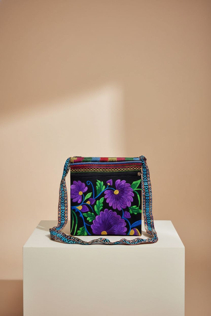 PHEVOS Hobo Handbag displayed upright, highlighting its unique embroidery and quality.