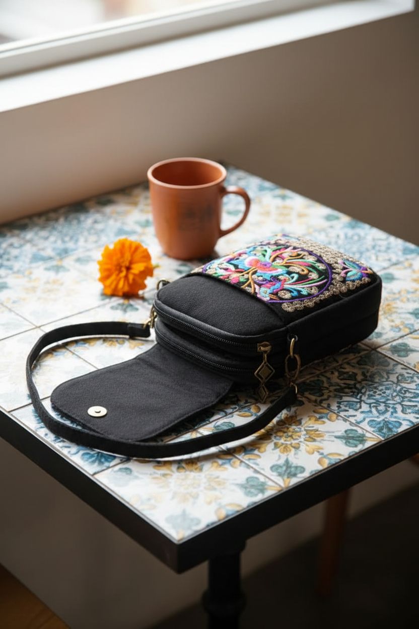 AWXZOM Mexican leather purse resting elegantly on a talavera-tiled table.
