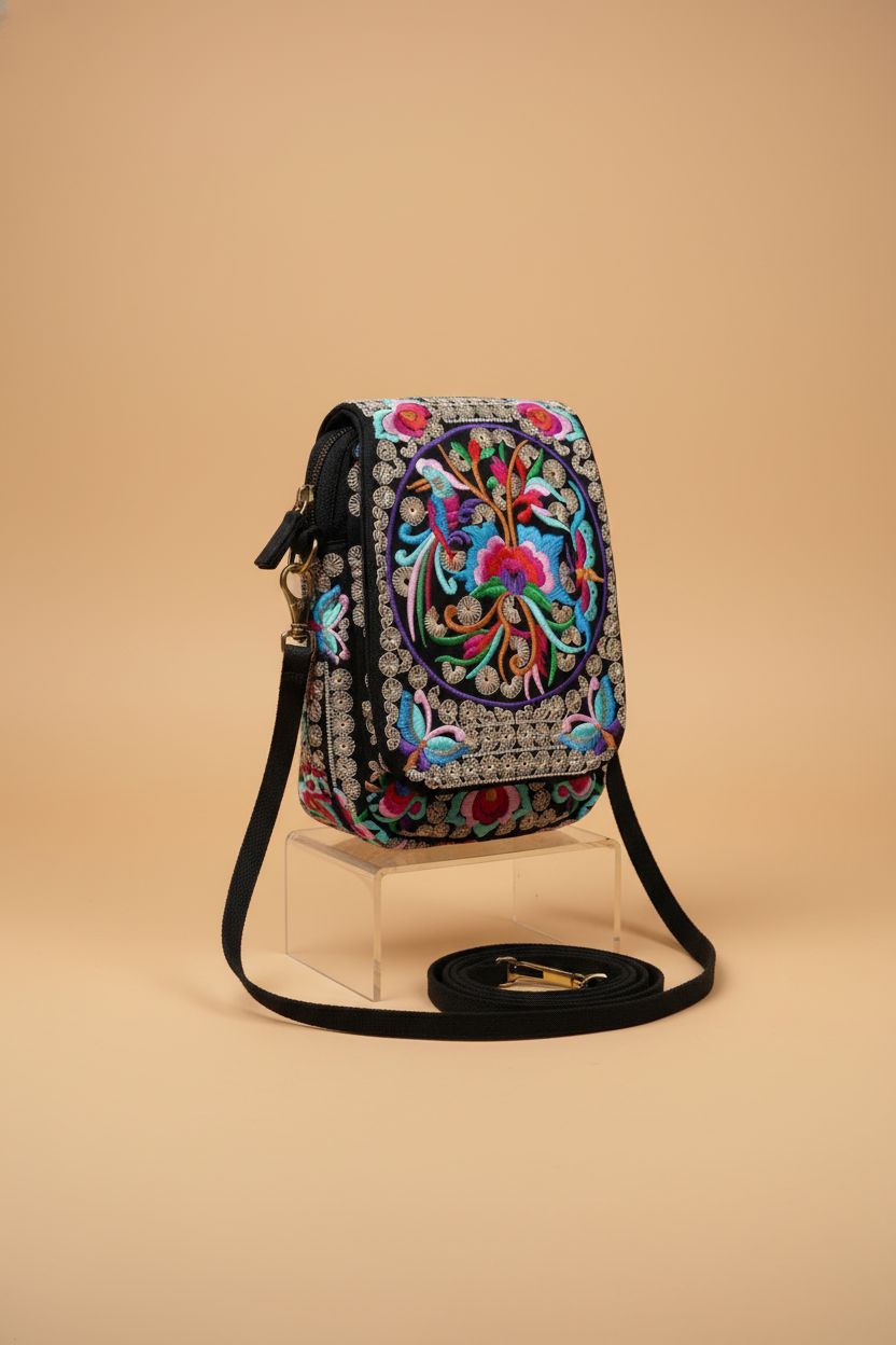 Close-up of AWXZOM embroidered Mexican leather purse highlighting craftsmanship.