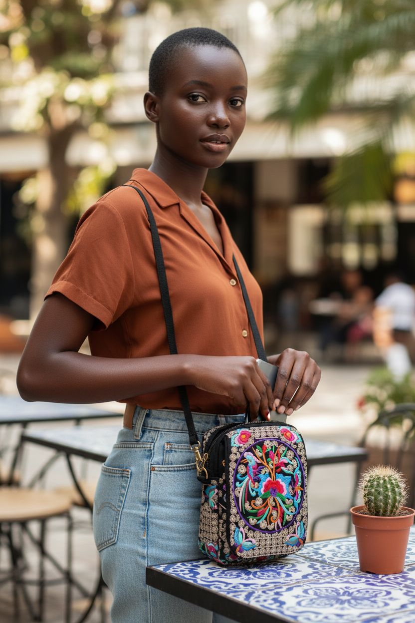 AWXZOM crossbody purse featuring hand-stitched embroidery on a cafe patio.