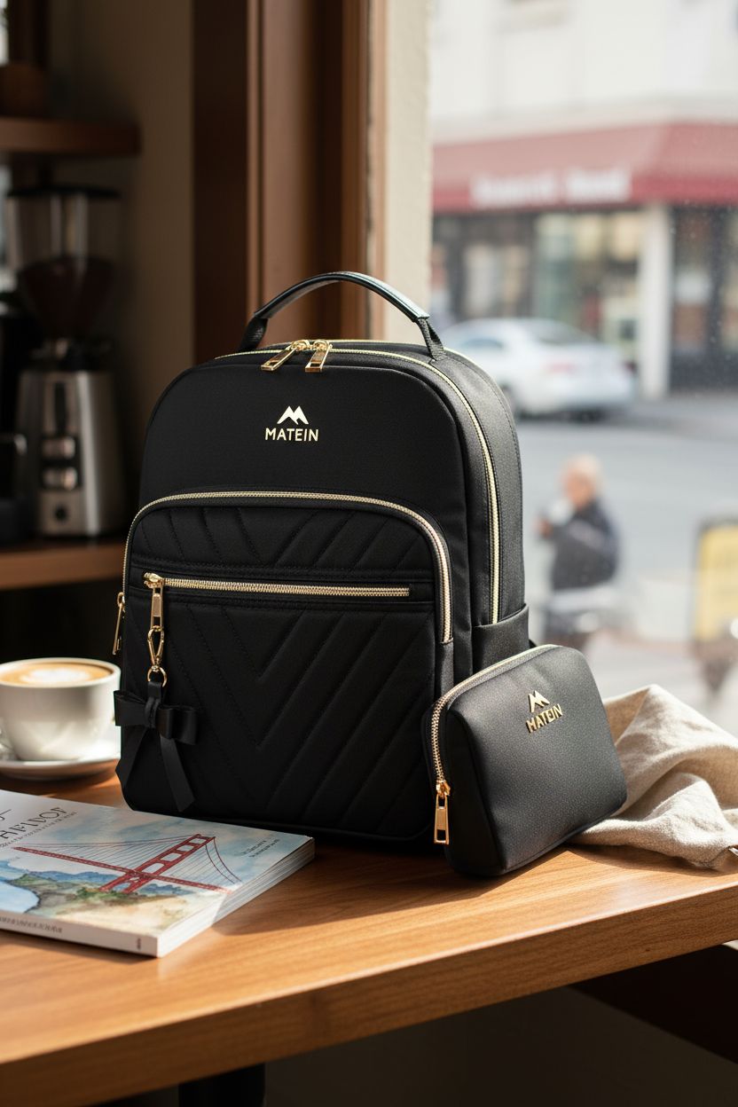 MATEIN black mini backpack purse on a cozy café table, perfect for travel planning.
