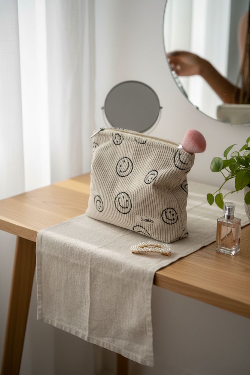Serene vanity scene featuring Gardsell corduroy mini bag with smiley dots