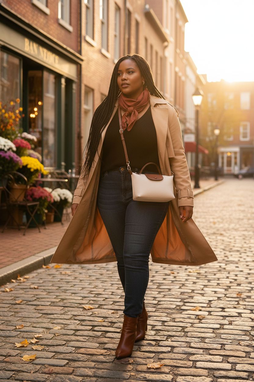 VesaNa mini off-white crossbody bag stylishly worn with a camel trench coat, set against a charming cobblestone lane.