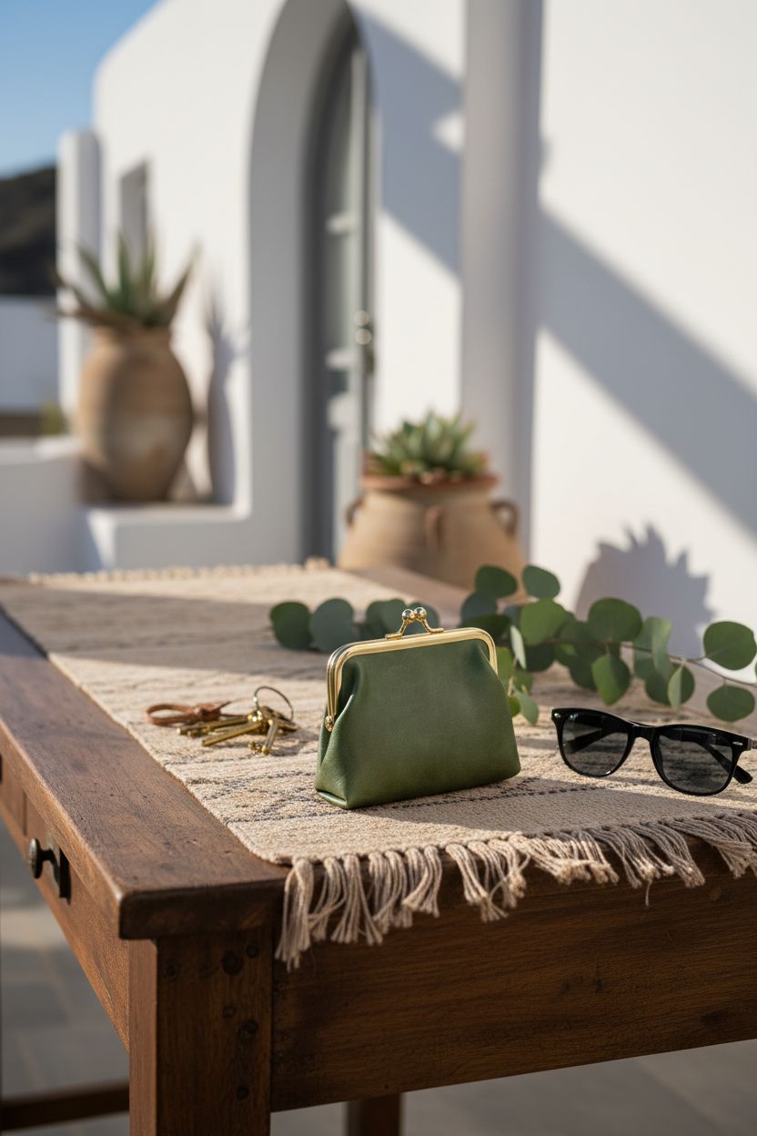 Cozy entryway with SENCCO green mini coin purse among stylish accessories, ideal for everyday use.