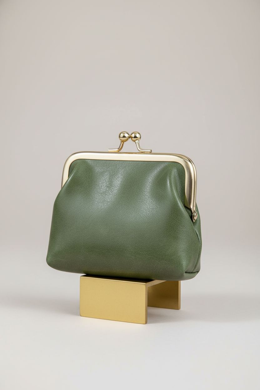 SENCCO green mini coin purse on a brass riser, highlighting its elegant design and craftsmanship.
