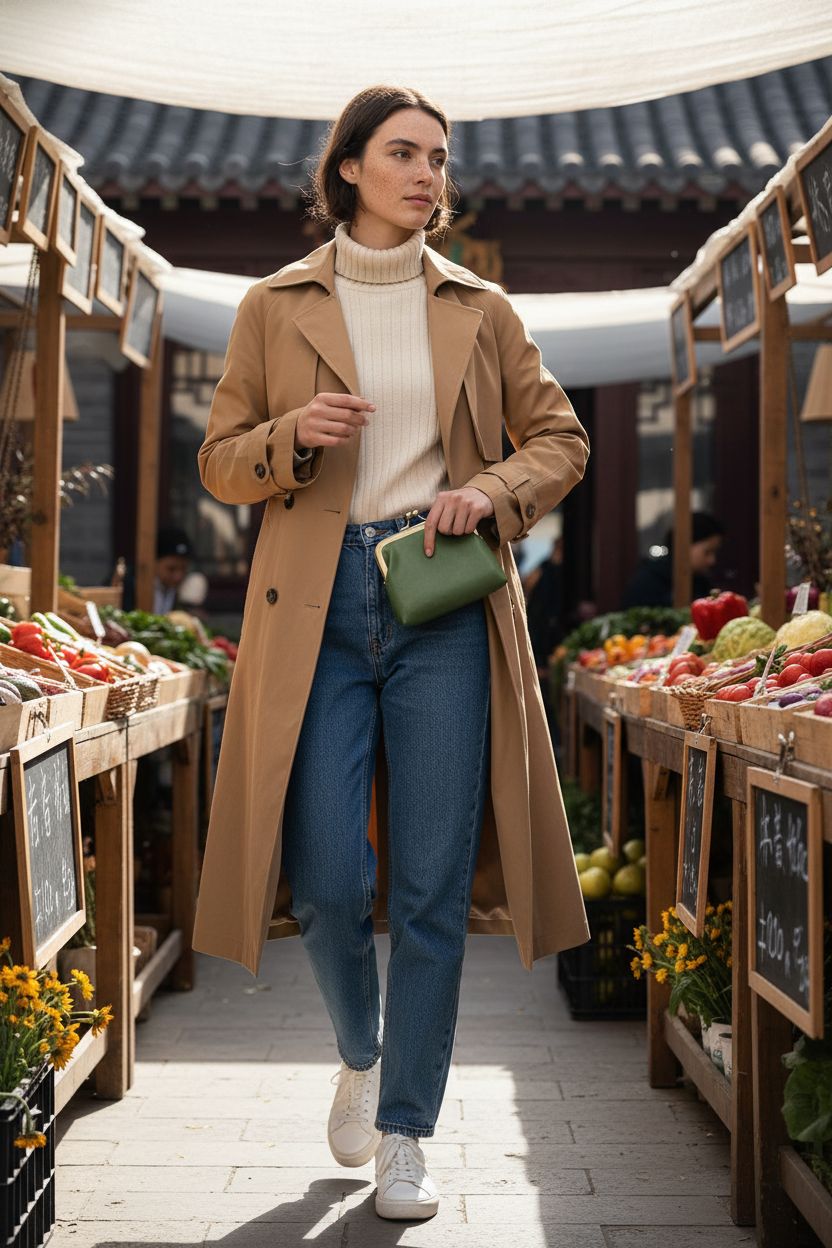 Green SENCCO mini coin purse in hand at a sunlit farmers market, perfect for on-the-go shopping.