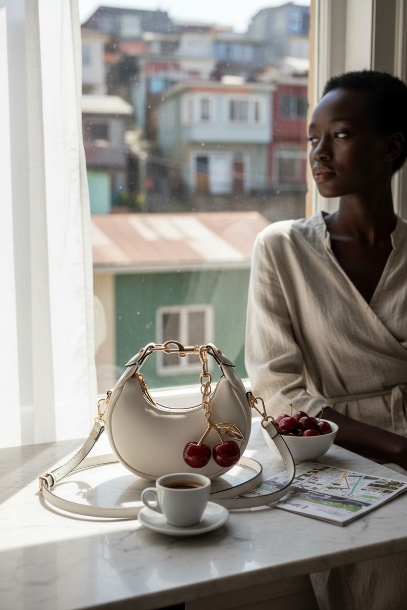 JQWSVE white mini purse beside an espresso and cherries in a sunlit nook, cozy vibe.
