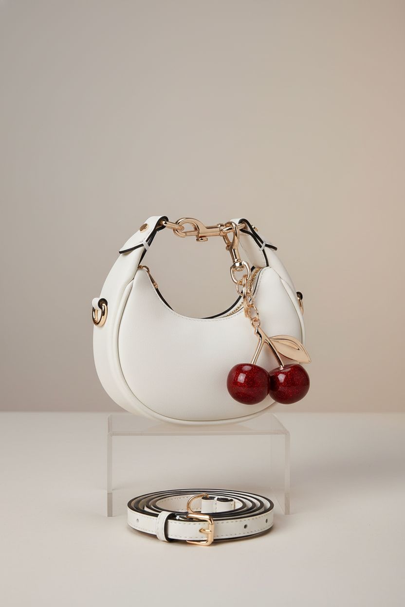 Close-up of JQWSVE white mini purse showcasing faux leather and cherry charm detail.