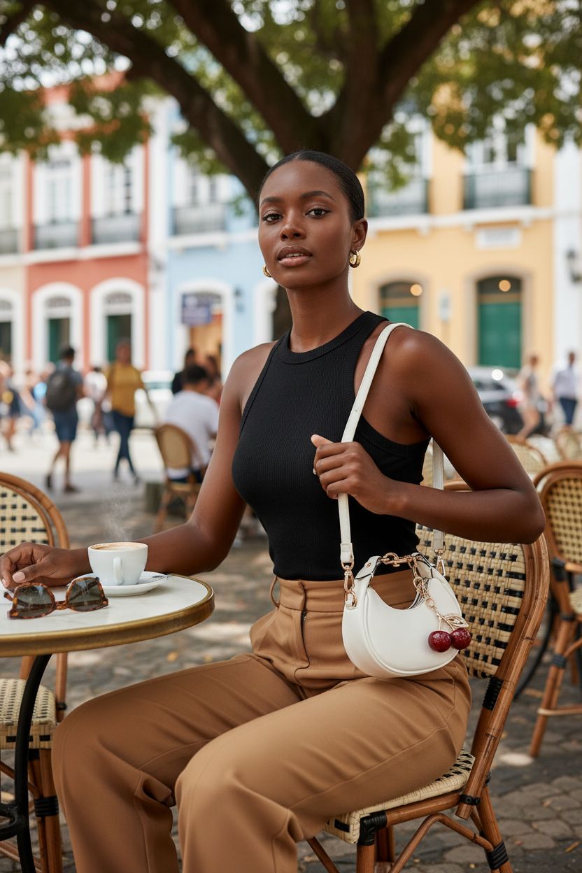 JQWSVE white mini purse elegantly displayed at a sidewalk café, chic crossbody design.