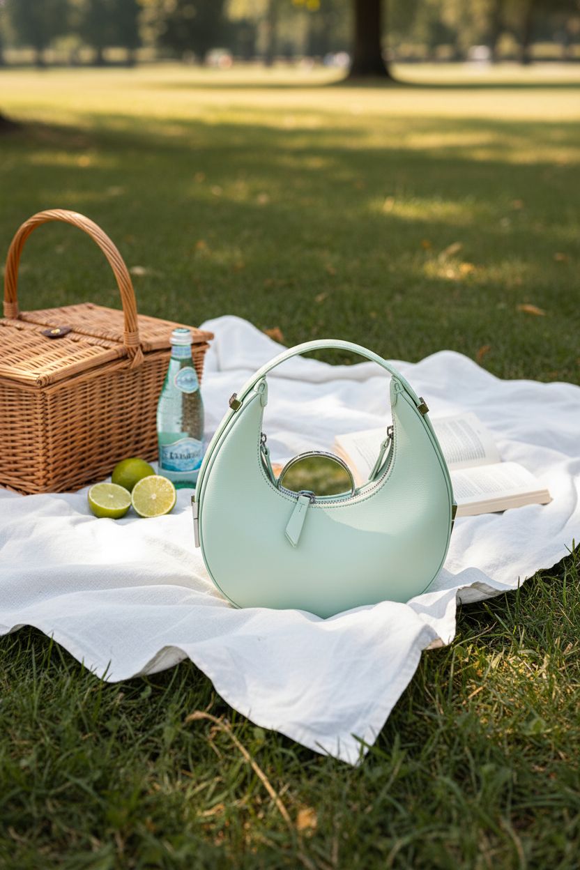 FantasyBear mint green purse featured in a sunny picnic setting with fresh limes.