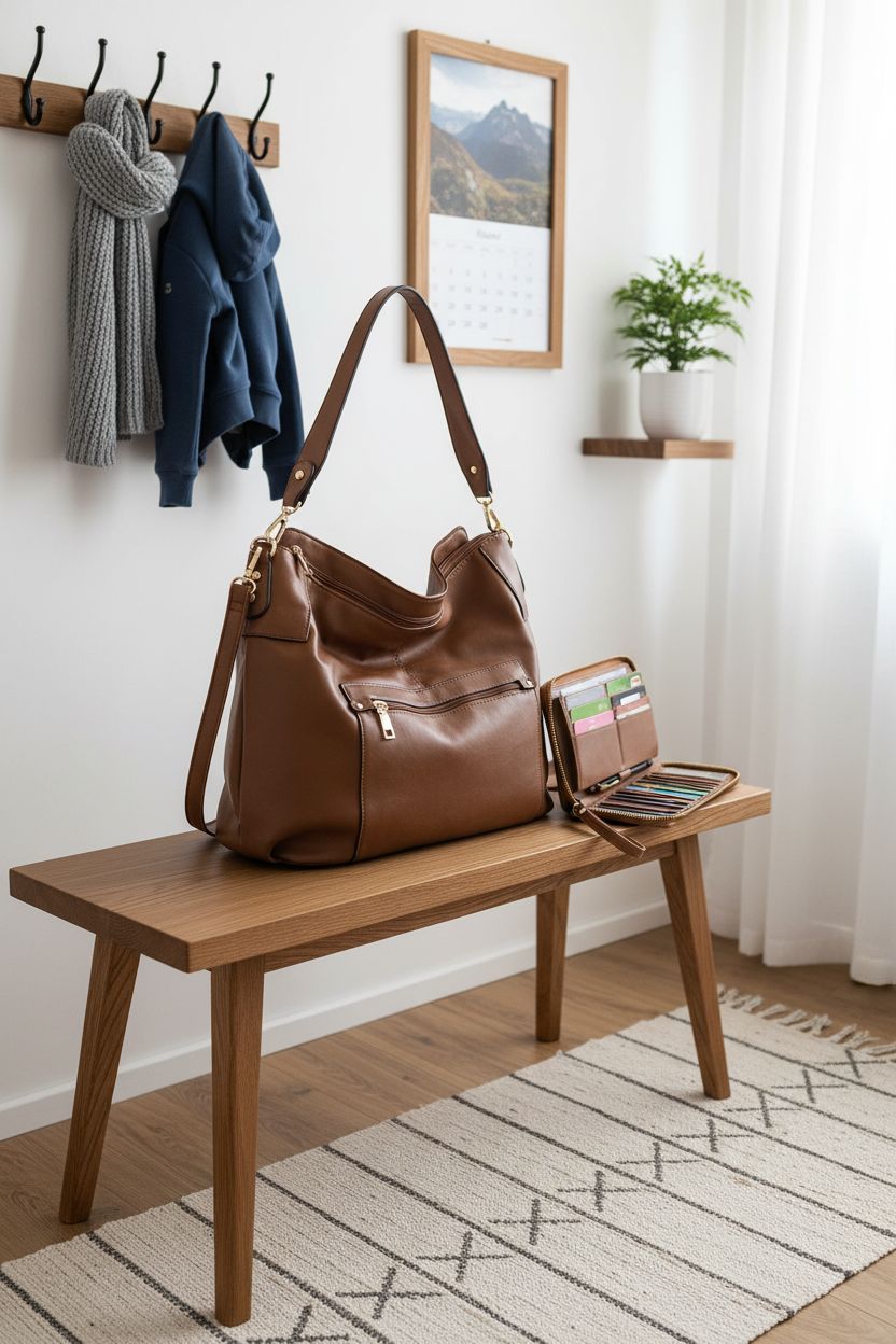 Idesort brown hobo purse on a bench with a cozy home setting, organized and stylish.