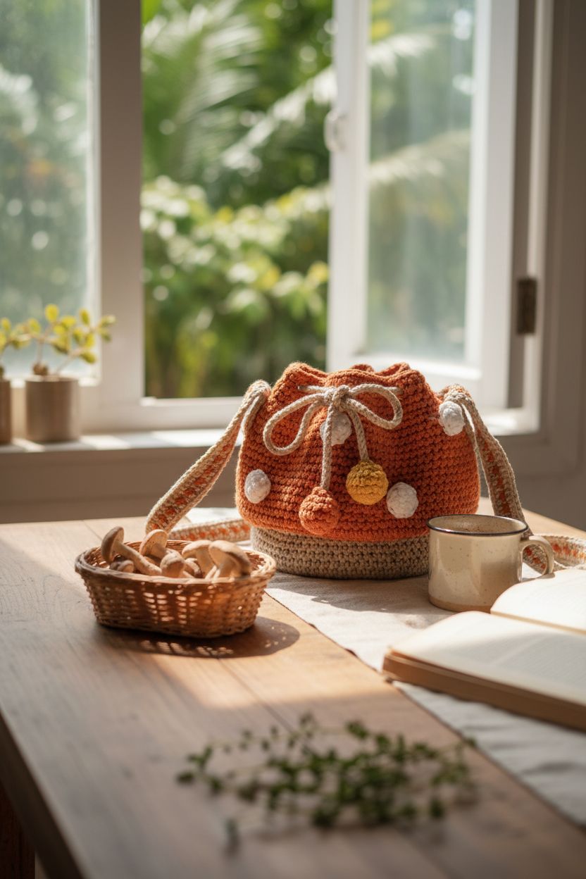 Cozy scene featuring XIAYUPAGU mushroom purse, vintage mug, and greenery, perfect for a warm kitchen vibe.