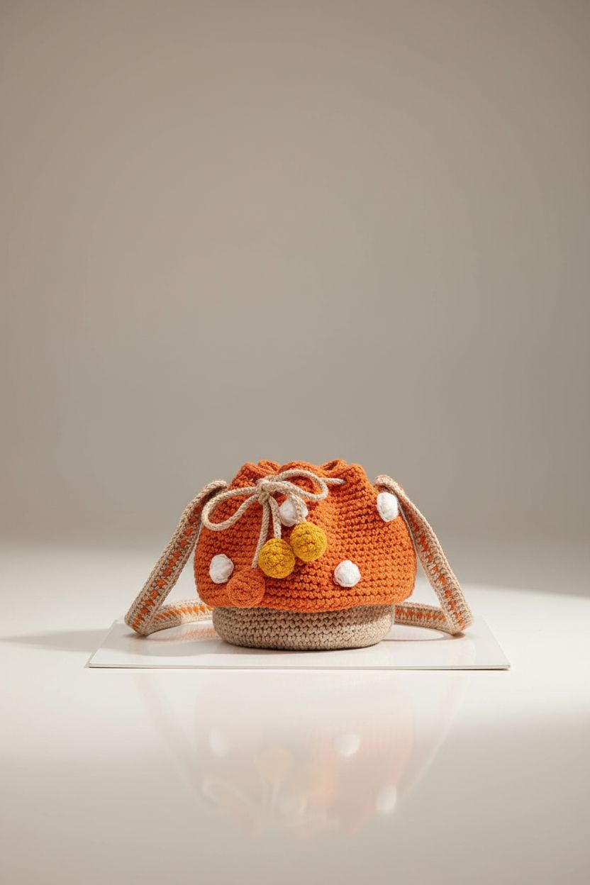 Close-up of XIAYUPAGU mushroom purse on a sleek surface, showcasing its wool knit and unique pom-pom details.