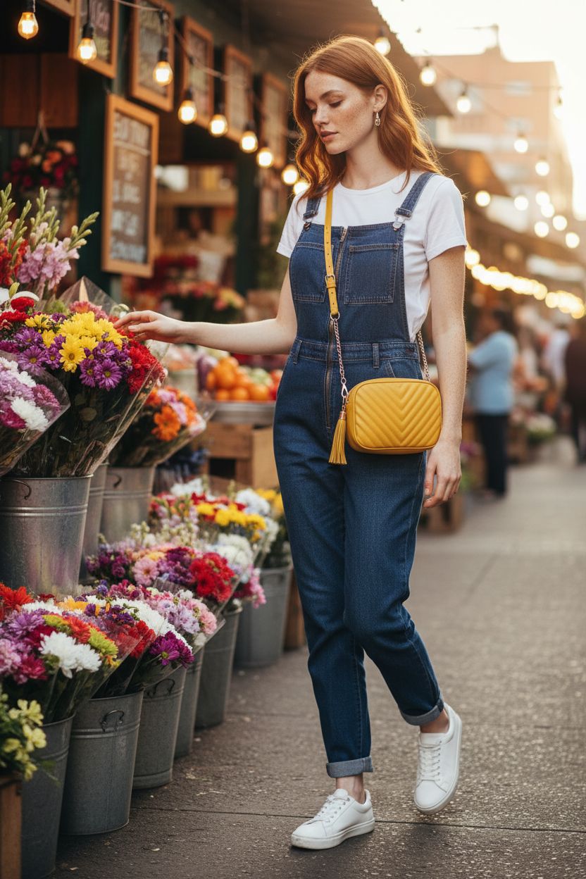 Mustard yellow purse by moerpusi with chain strap and tassel in a vibrant market scene
