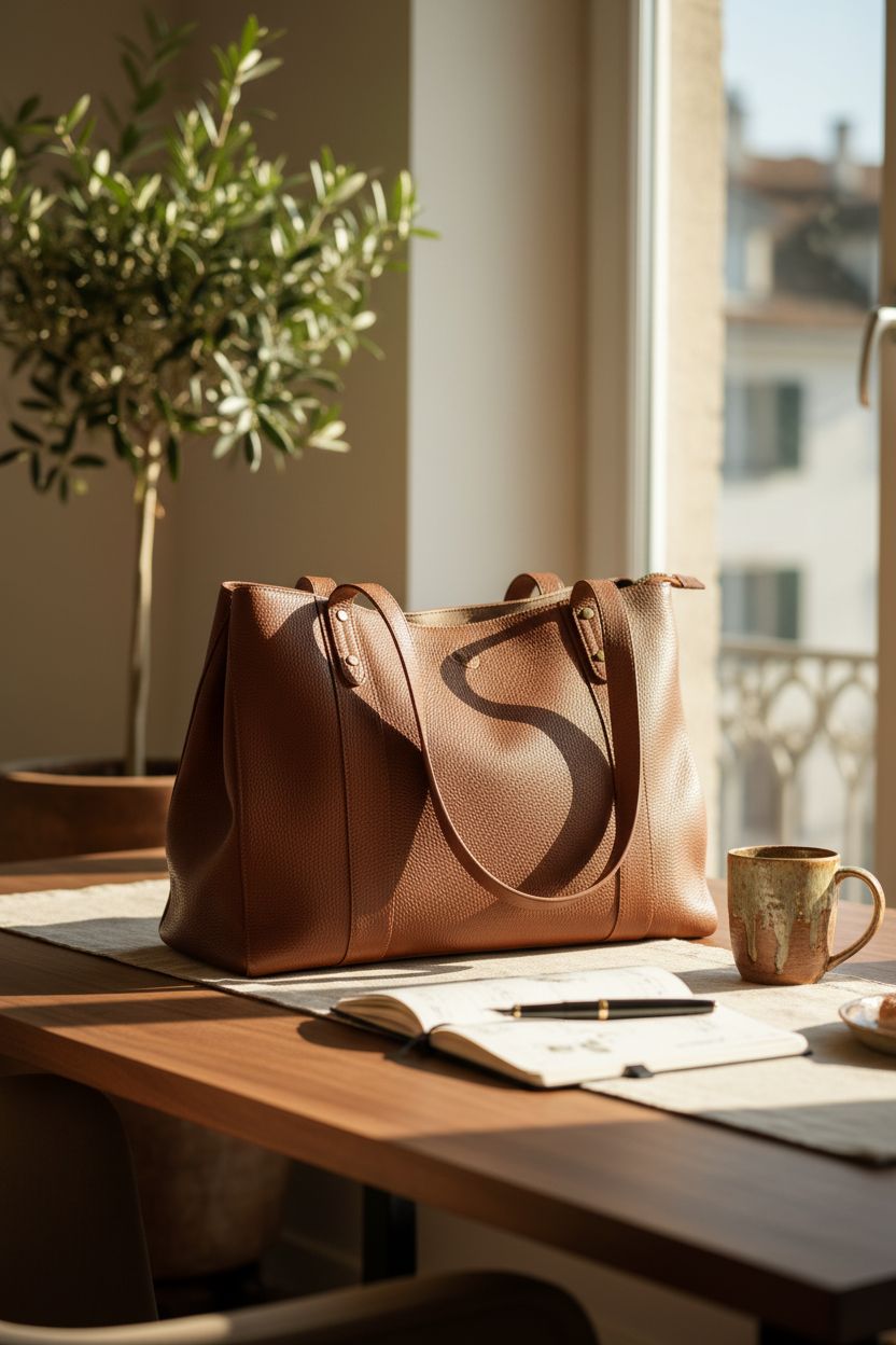befen cognac leather tote bag on a desk, adding elegance to home office decor