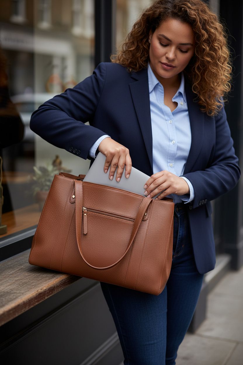befen cognac leather tote bag on cafe table, showcasing laptop compartment and style