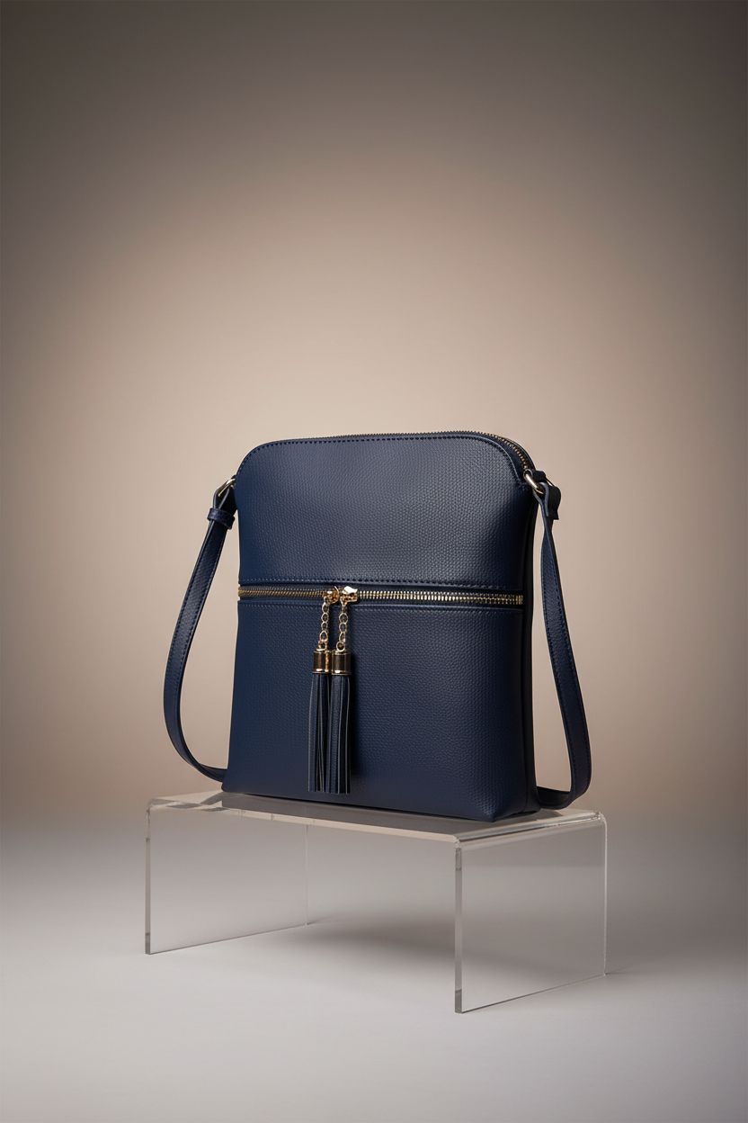 Front view of Solene navy blue crossbody purse with adjustable strap and gold-tone hardware.