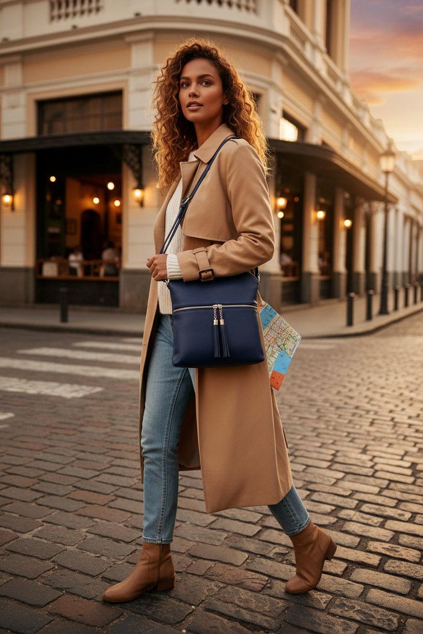 Solene navy blue crossbody purse with tassel, pebbled leather, in a golden-hour setting.