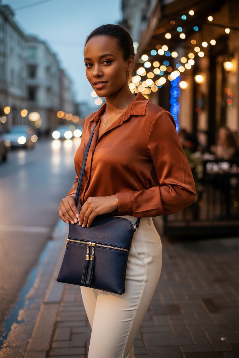 Solene lightweight navy crossbody purse with stylish tassels, perfect for any outing.