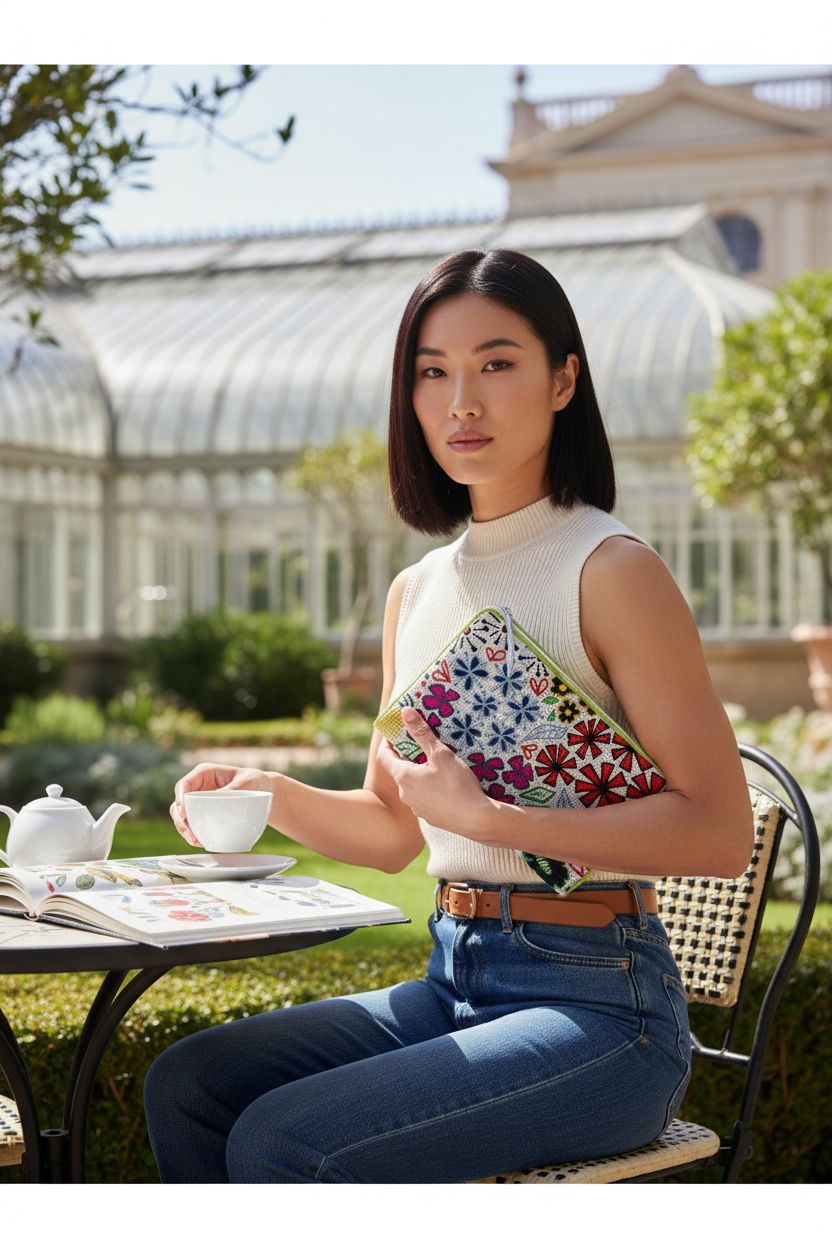 Art Needlepoint Chiswick Garden Clutch Kit on a bistro table with tea and a book