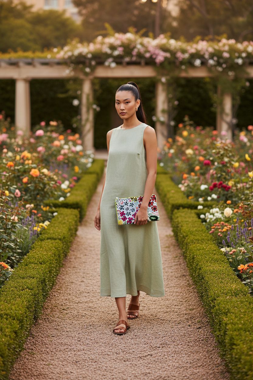 Art Needlepoint Chiswick Garden Clutch Kit in a sunlit historic garden setting