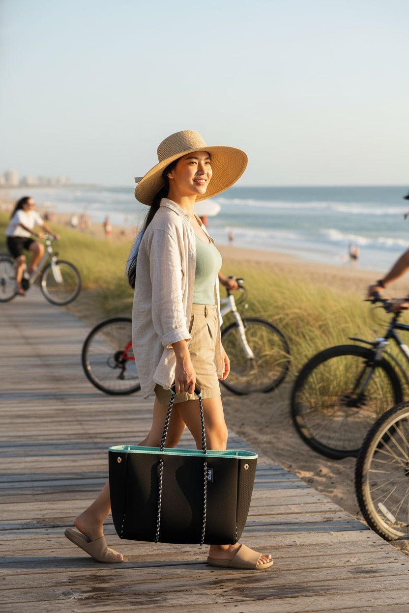 Hibala neoprene tote bag on a sunny beach boardwalk, ideal for beach outings or coffee runs.