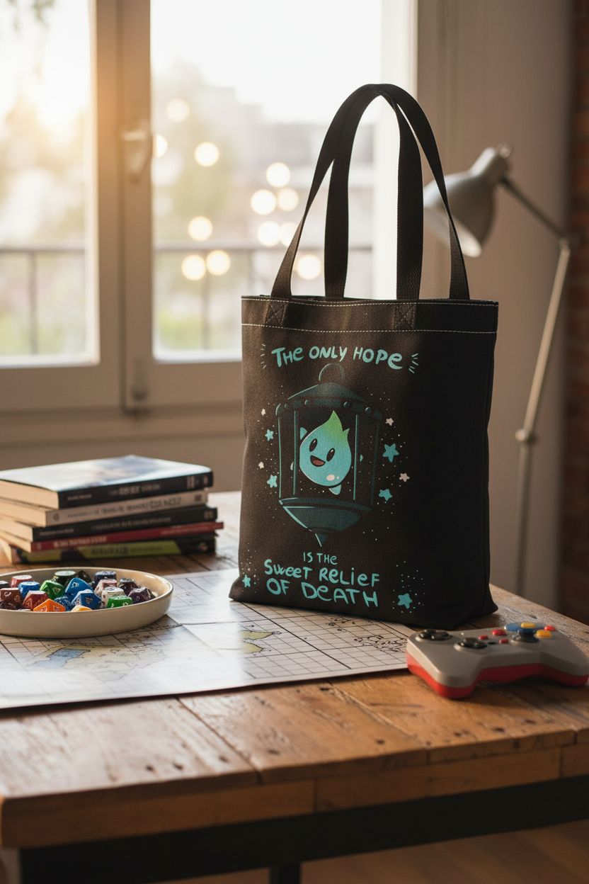 TIIMG tote bag among sci-fi books and gaming accessories on a warm wooden table, highlighting its nerdy charm.
