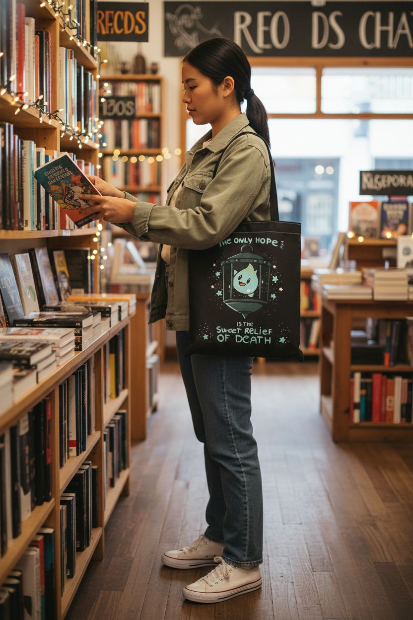Black tote bag from TIIMG featuring the graphic 'The Only Hope Is The Sweet Relief Of Death' in a cozy bookstore setting.