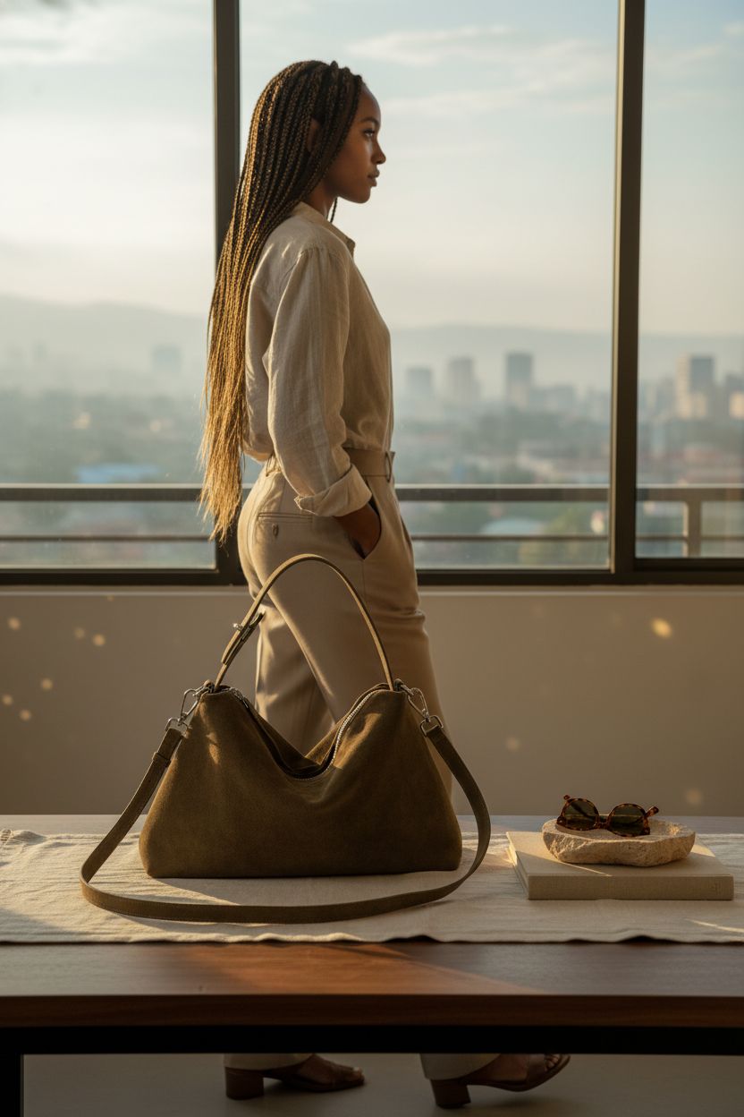 DONNAIN camel suede bag on a walnut console in a serene morning setting