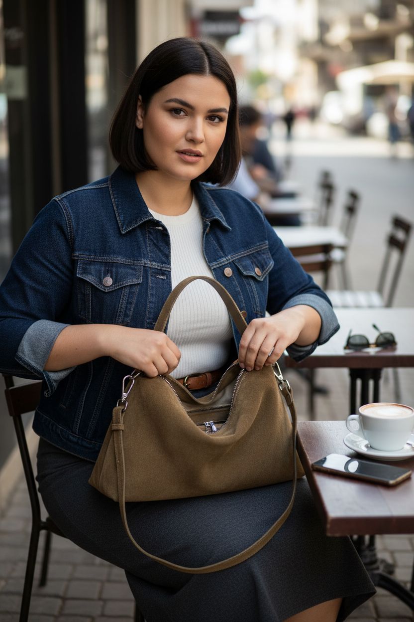 Open DONNAIN suede shoulder bag revealing organized interior at café terrace