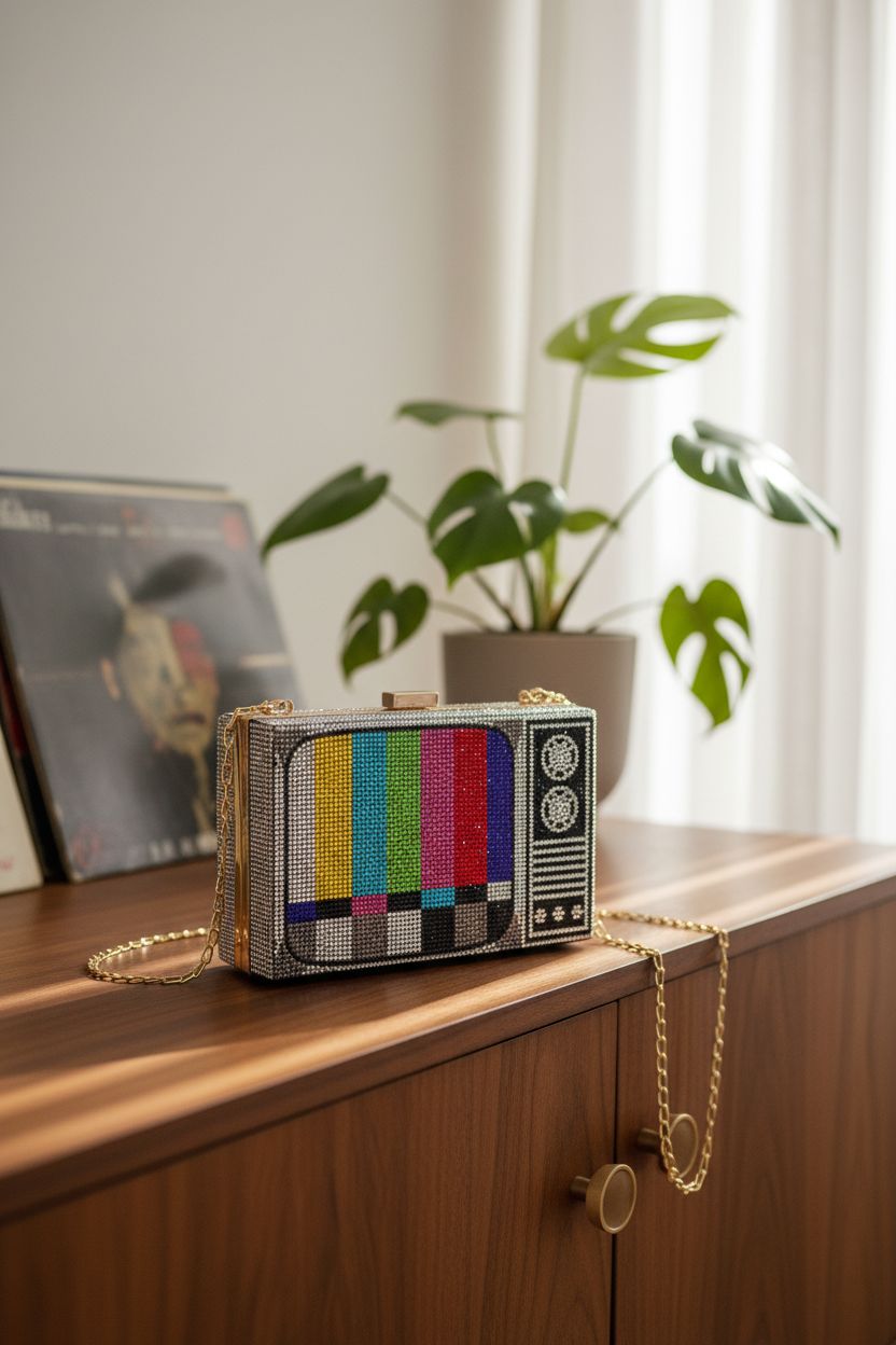 Renabro TV-shaped bag resting on a mid-century credenza, showcasing its elegant rhinestone design.