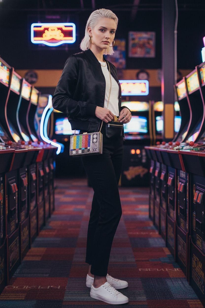 Renabro retro TV shape crossbody bag in rhinestone, perfect for arcade nights, colorful and stylish.