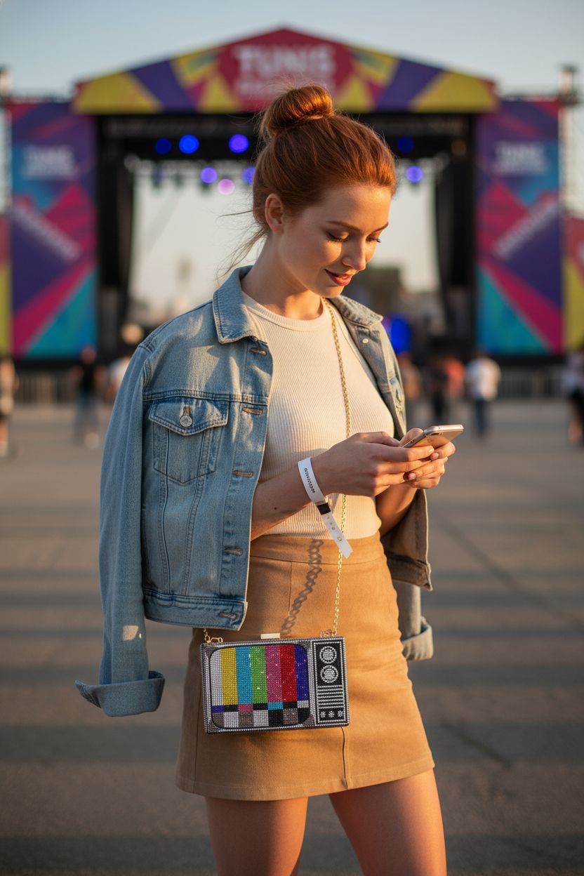 Colorful Renabro vintage evening clutch, rhinestone embellishments shining at festival time.