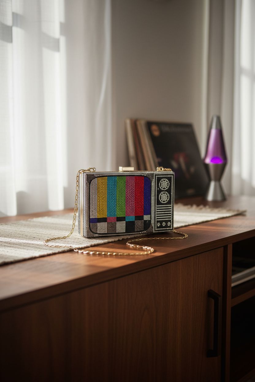 Renabro retro TV rhinestone bag set in cozy living room, offering a vintage vibe for home decor.