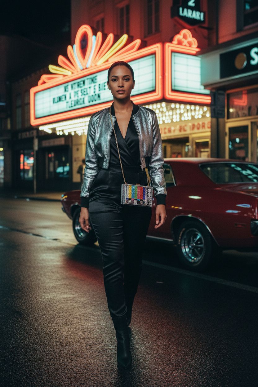 Renabro colorful TV rhinestone crossbody bag against dark background, showcasing retro style.