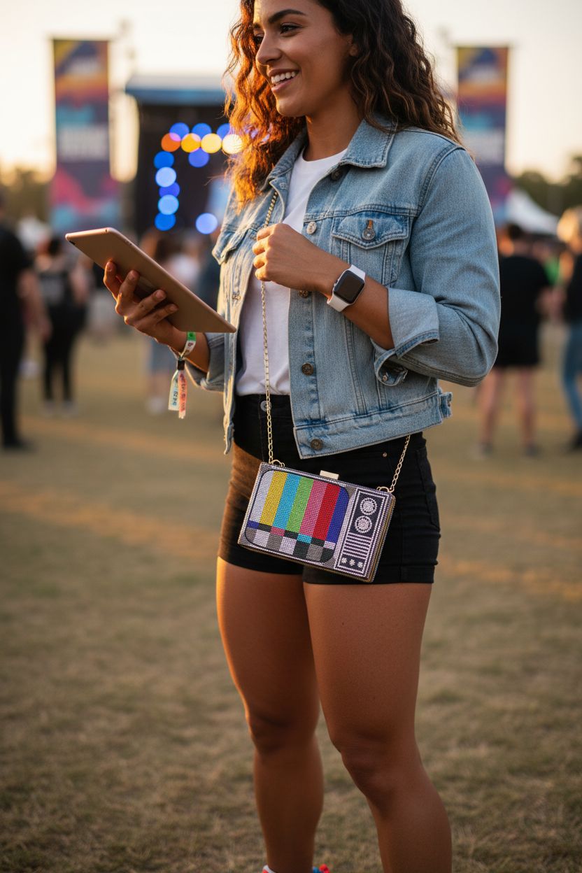 Renabro colorful TV rhinestone crossbody bag highlighted against festival backdrop, perfect for casual outings.