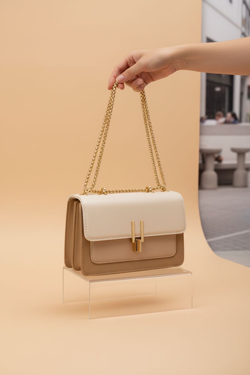 Detailed view of TOP BAND's elegant beige and white faux leather crossbody bag.