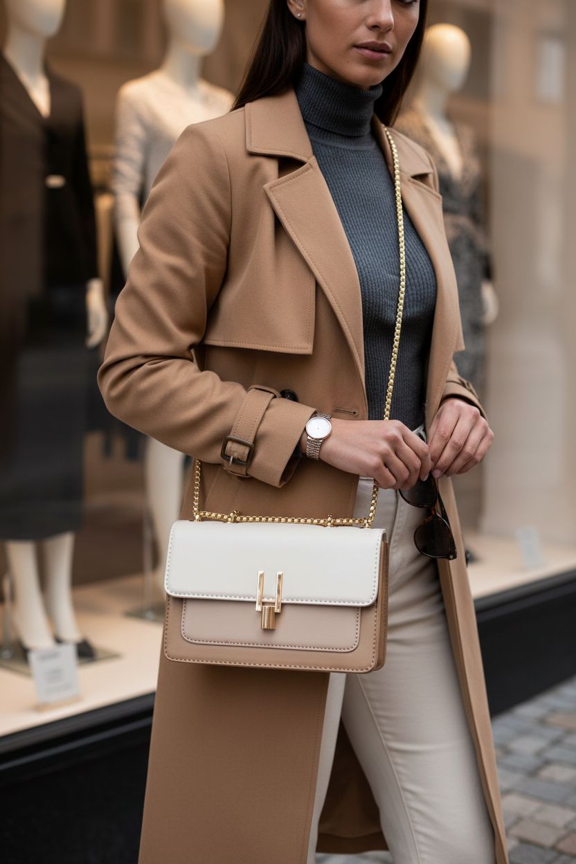 Trendy beige and white faux leather crossbody bag by TOP BAND showcased outside a boutique.