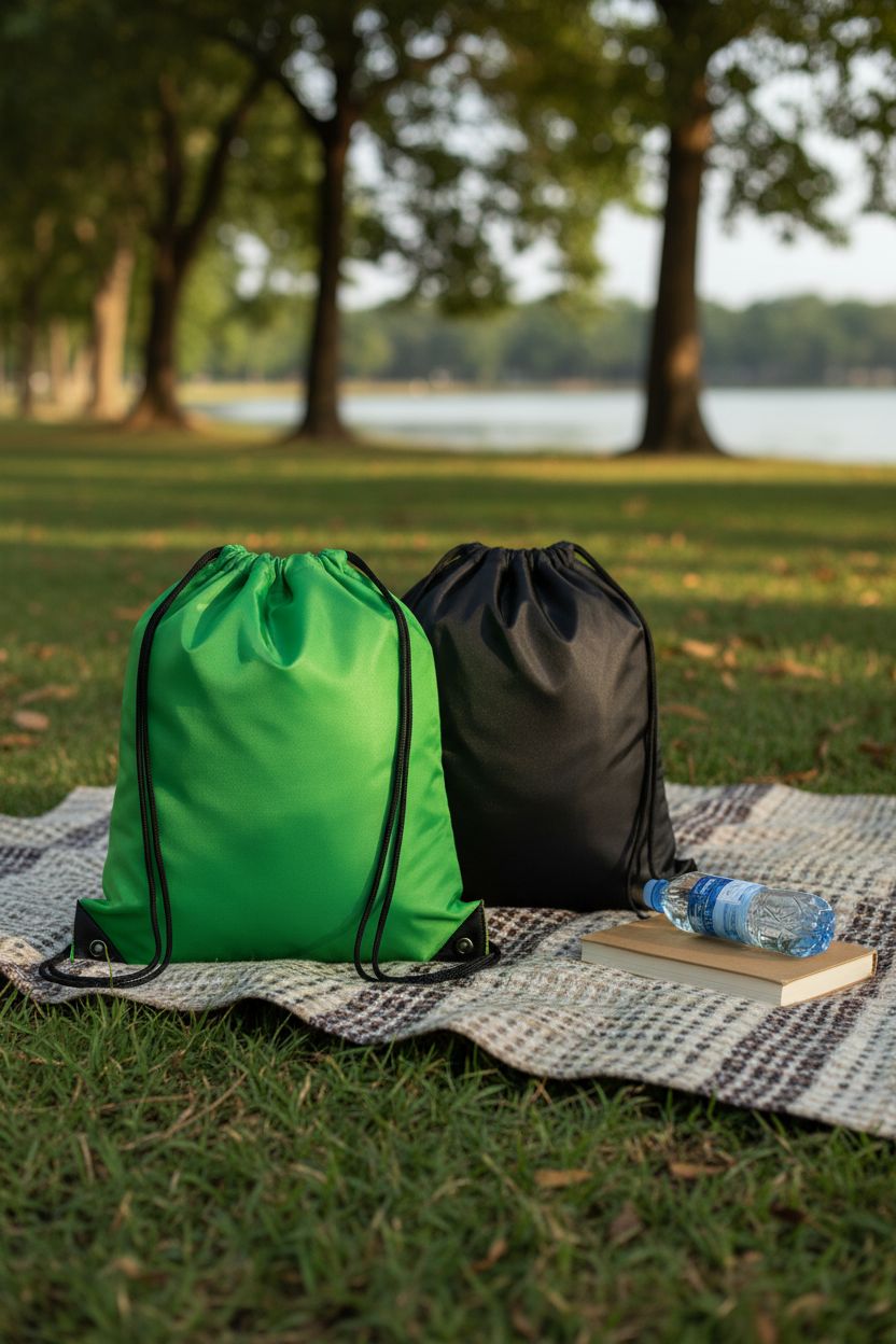 Kuhome green and black nylon drawstring bags on a picnic blanket in a serene lakeside park setting.